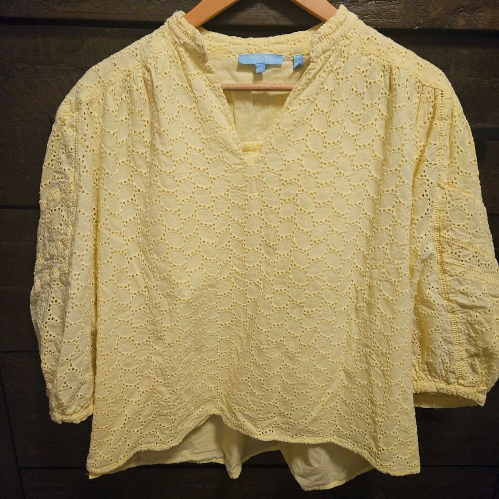 Draper James RSVP Yellow Eyelet Lace Top XL Lined Long Sleeve Cotton Blouse